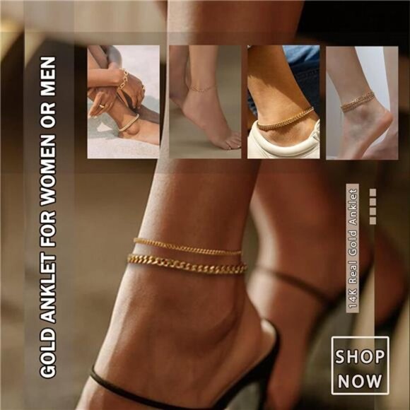 Gold Anklet Set for Women Layered Cuban Chain Waterproof Adjustable Jewelry - Picture 6 of 7